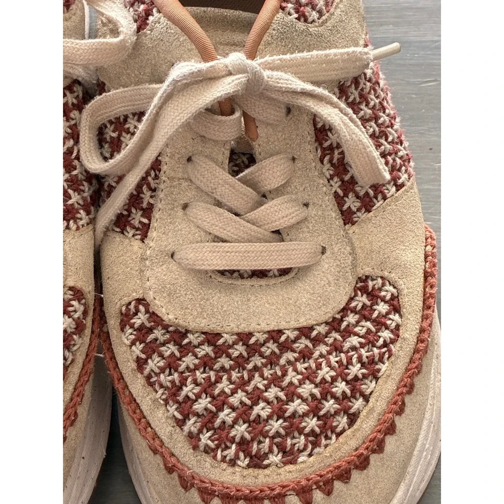 FitFlop Woven Knit Suede Platform Sneakers Burgundy Cream Tan Womens 7